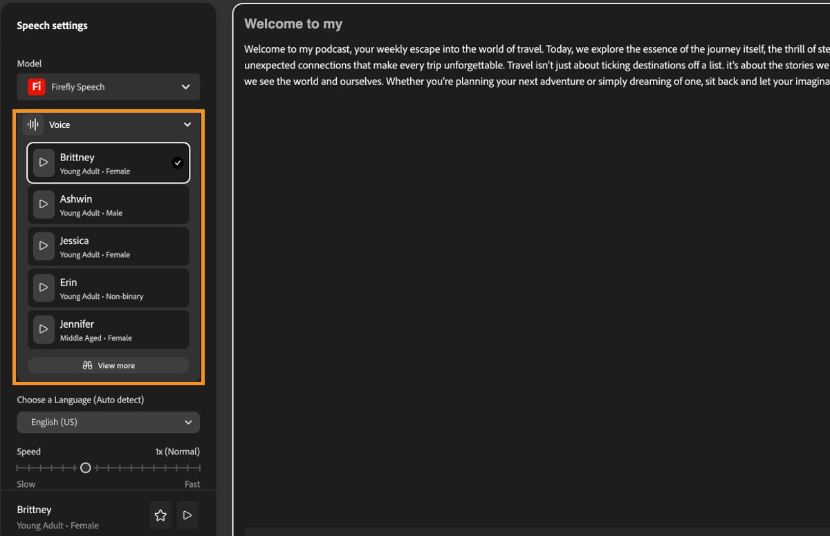 The Speech settings section in the left panel displays the Firefly Speech model and an expanded Voice dropdown menu listing all available voices.