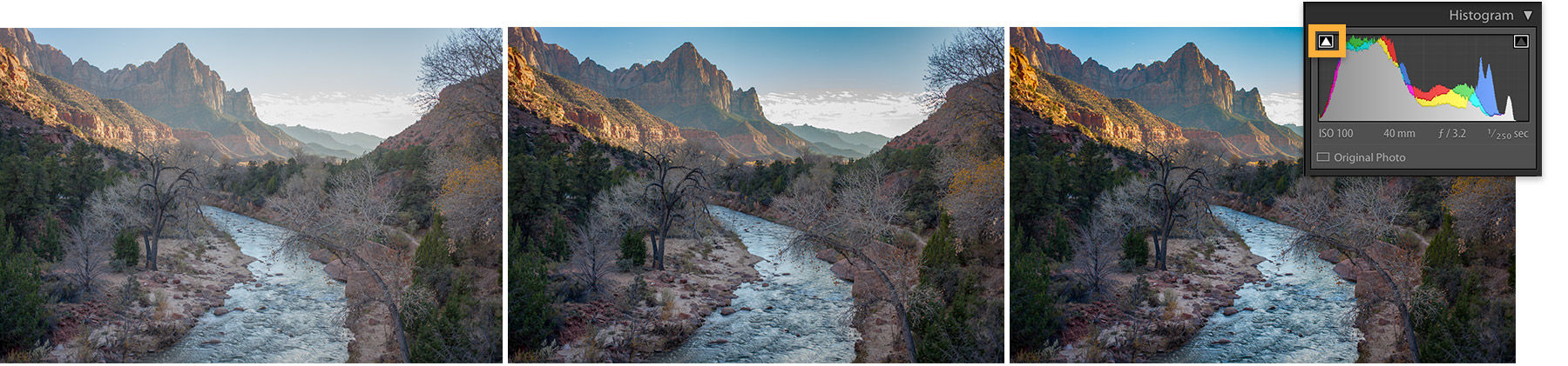Three versions of the canyon and river image with color adjustments. White triangles in the Histogram show overexposed areas.