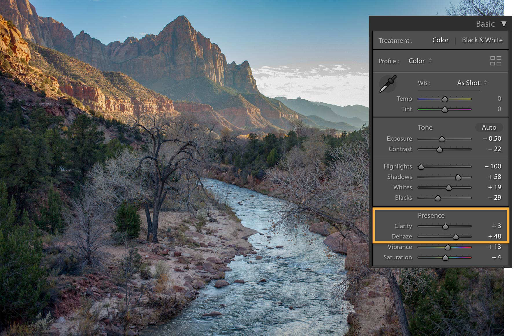 Clarity, Dehaze, Vibrance, and Saturation sliders in the Presence section help recover details in photos.