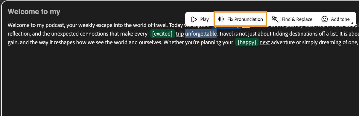 The text editor window displays a highlighted word, with the Fix Pronunciation button above it.