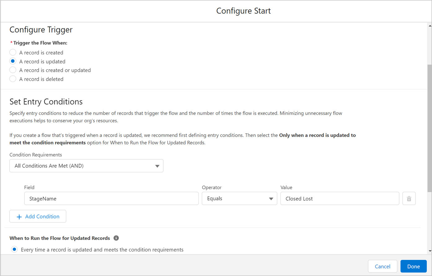 Set how to start your Acrobat Sign agreement flow to update records.