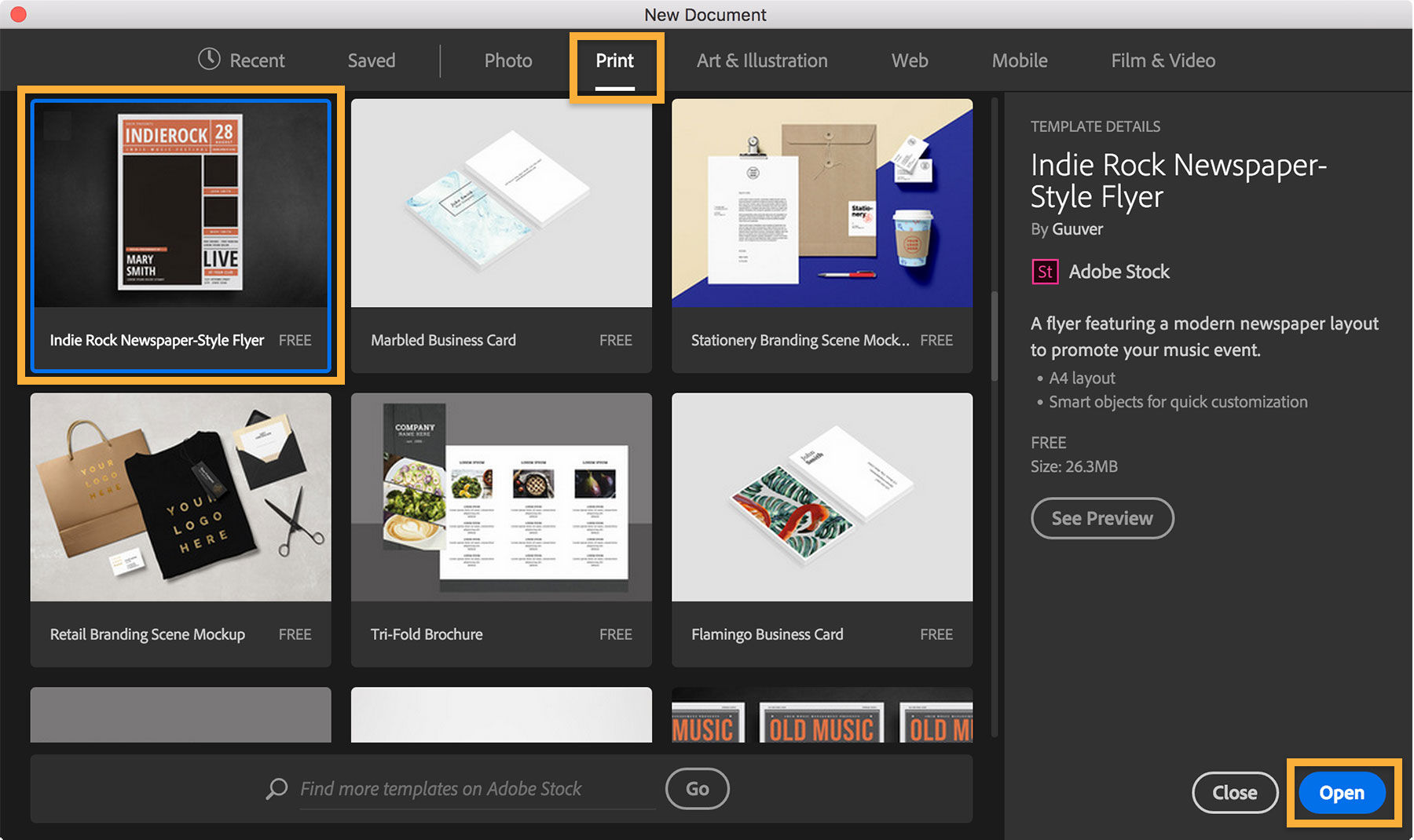 Photoshop offers customizable templates in the "New Document" window, sorted into different categories by use and size.