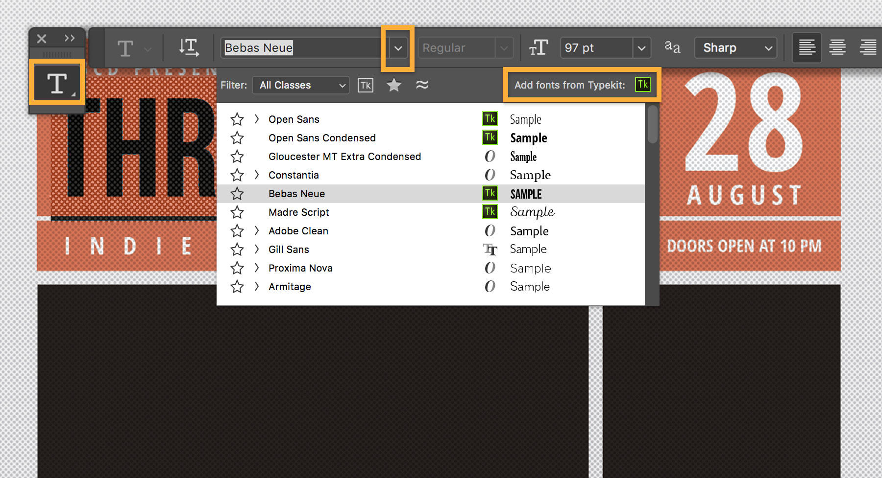 You can also add and install fonts quickly with Typekit from the text toolbar.