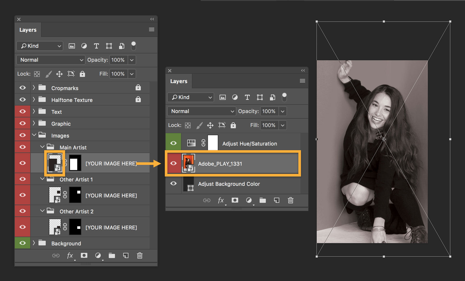 Double click the Smart Object thumbnail to easily add your own images. You can then resize or adjust your image to fit.