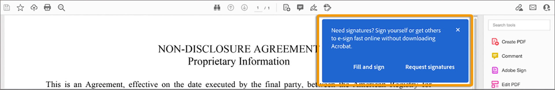 Prompt to use the Fill & Sign tool or the Request Signatures tool