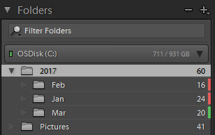 Folders with a color label in the Folders panel
