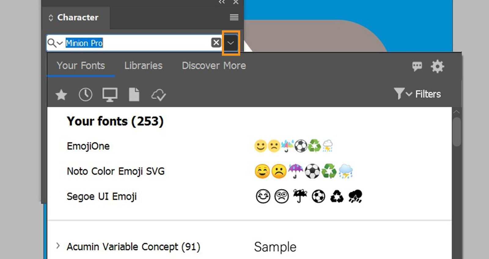 Character panel is open, the set font field dropdown is highlighted, Your Fonts tab is selected in the Fonts panel.