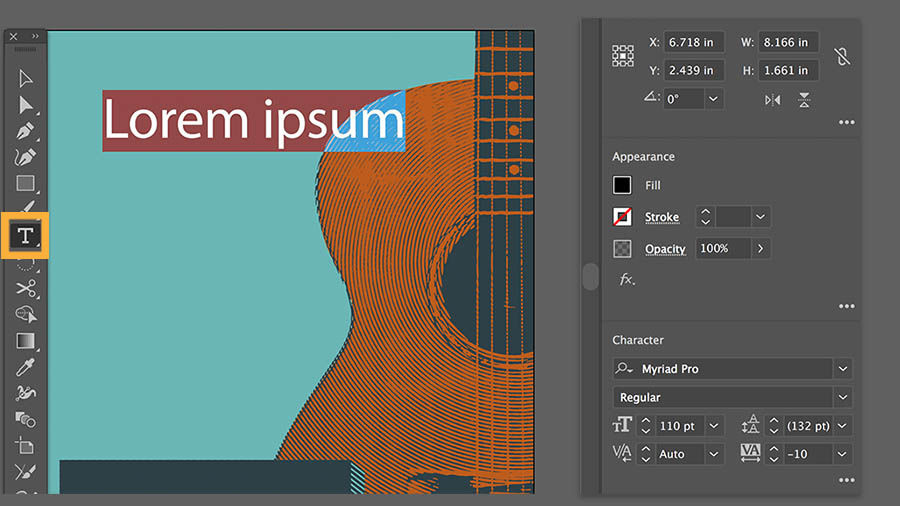 Orange guitar with fingerprint texture on sea-green background with sample text at top.