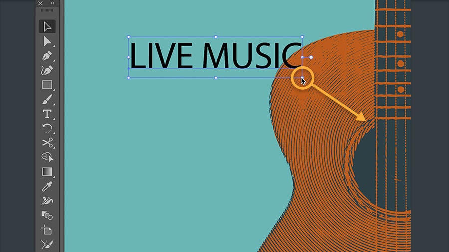 “LIVE MUSIC” replaces the sample text. Shift + dragging the corner of the text box enlarges the text. 