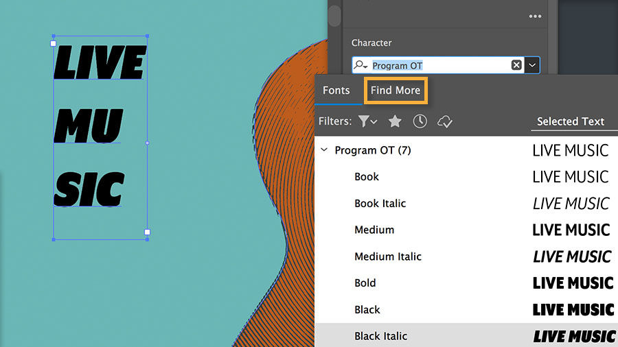 “LIVE MUSIC” font is changed in the Character section of the Properties panel. 