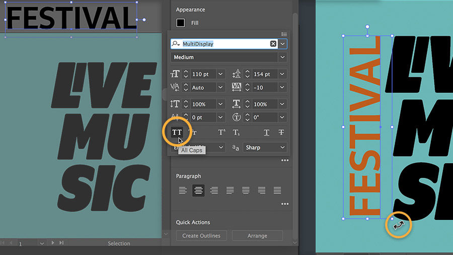 Font customization options are located in the Character section of the Properties panel. 