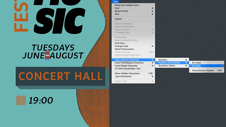 Special characters are added by clicking Type > Glyphs, or Type > Insert Special Character menu. 