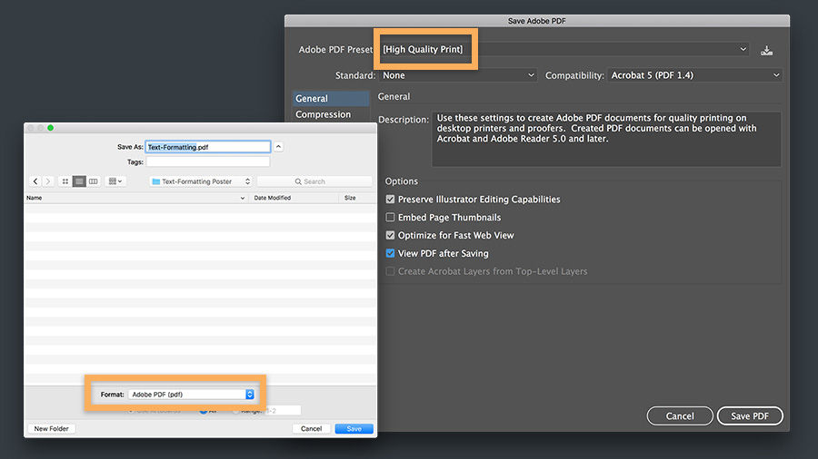 The file is saved for print by selecting File > Save As > Adobe PDF and choosing presets based on printer’s recommendations