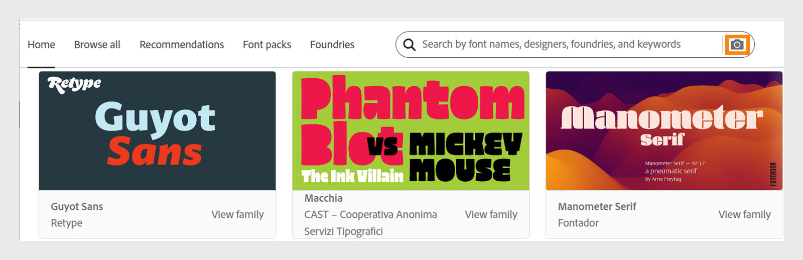 The home page of Adobe Fonts shows the Camera icon adjacent to the search bar.