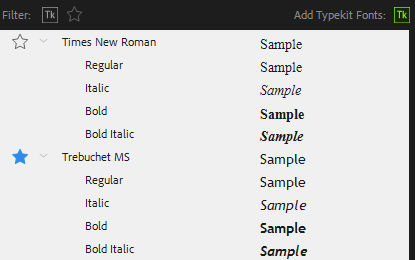 Font family in Font menu