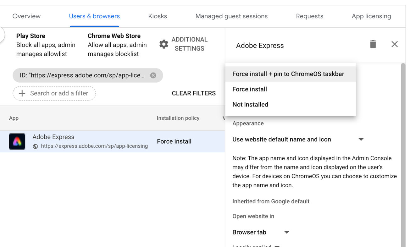 Users & browsers tab in Google Admin Console displaying the installation policy options.