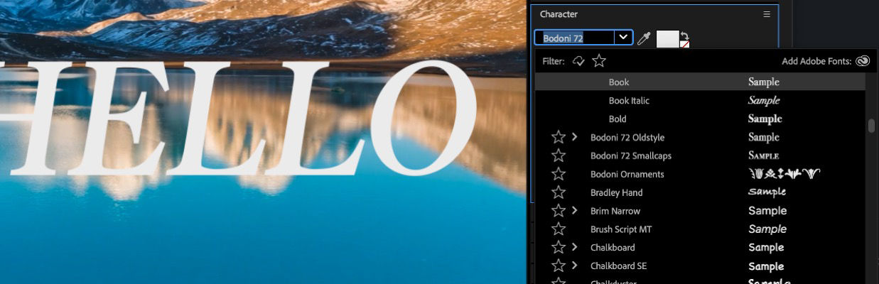 The Character panel is open, and the Font dropdown menu is open, displaying all available fonts.