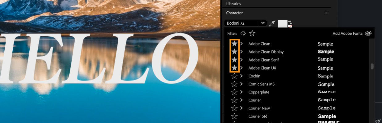 The Character panel is open, and the Font dropdown menu is open, displaying fonts that are marked as favorites.
