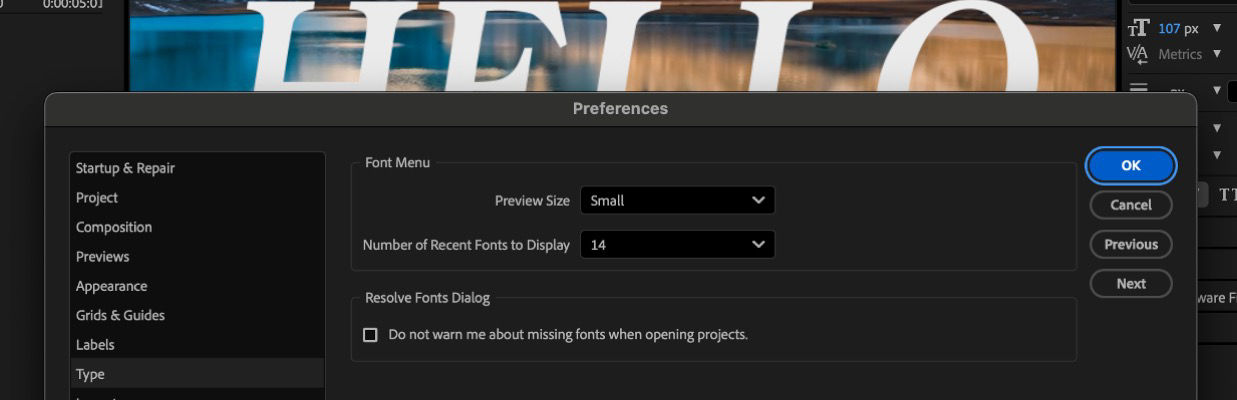The Preferences dialog box is open, and multiple settings are available for fonts under the Fonts Menu section.