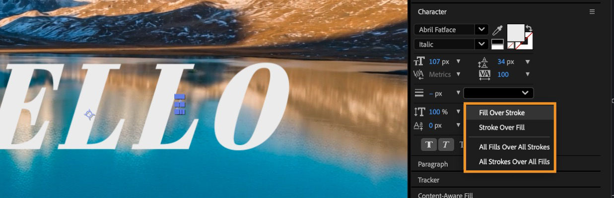 The dropdown to select the control of the compositing order of the fill and stroke for a text layer is open.