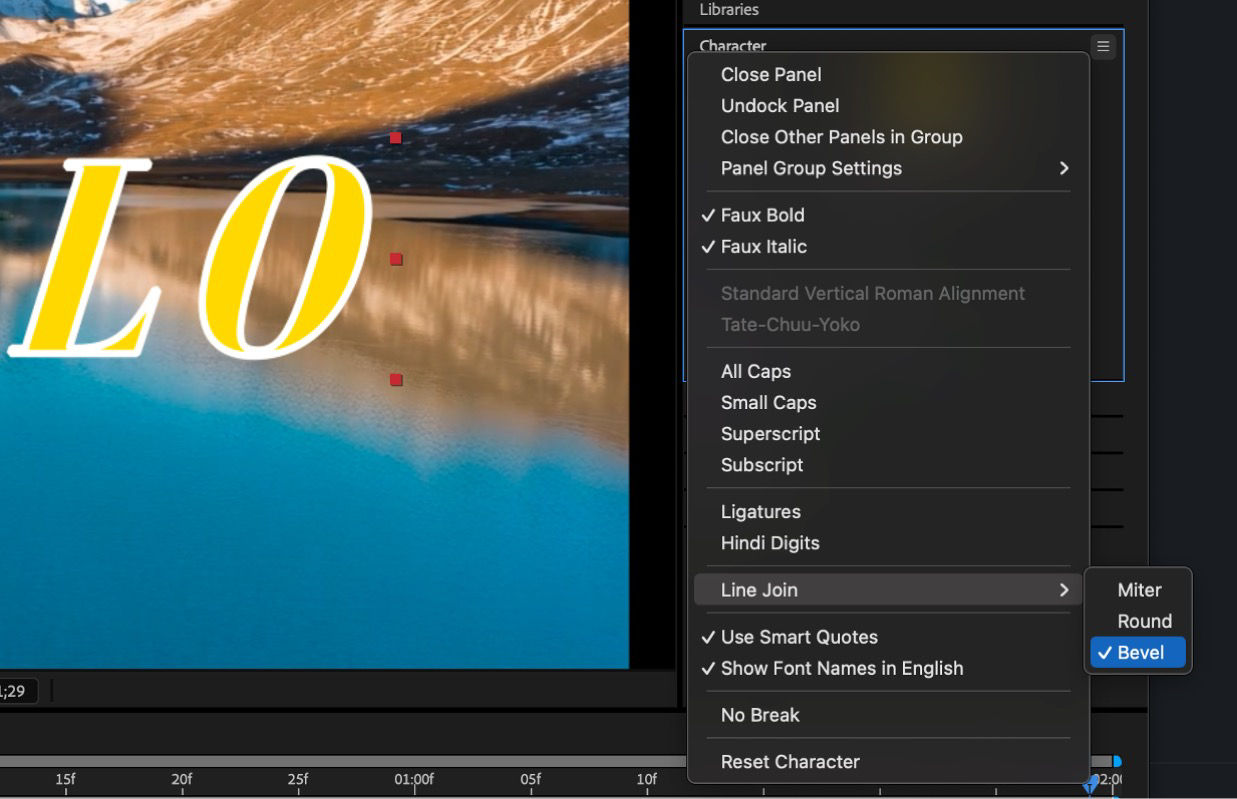Use the Line Join setting in the Character panel’s menu to set the join type for a text stroke.