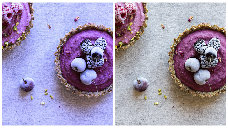 Side-by-side images of a fruit dessert, one with a blue color cast and the other with corrected natural colors