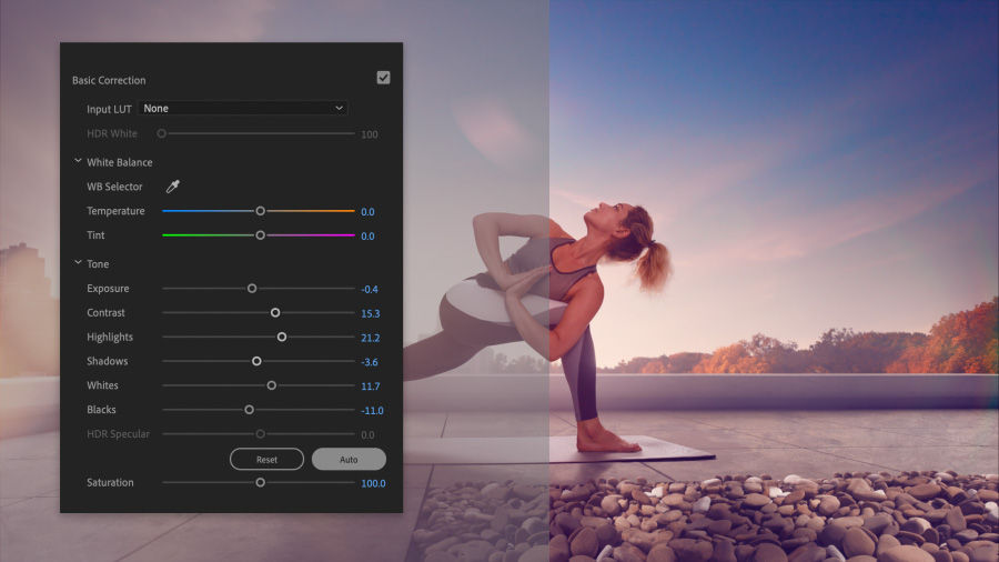 A woman doing yoga with dramatic lighting and color effects, with the Premiere Pro Lumetri Color panel overlaid