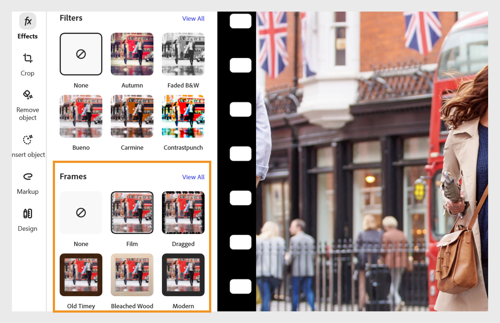 In the Frames section on the left panel, select a frames from the Basic, Edges, or Classic Frames section to add a border around the image. 