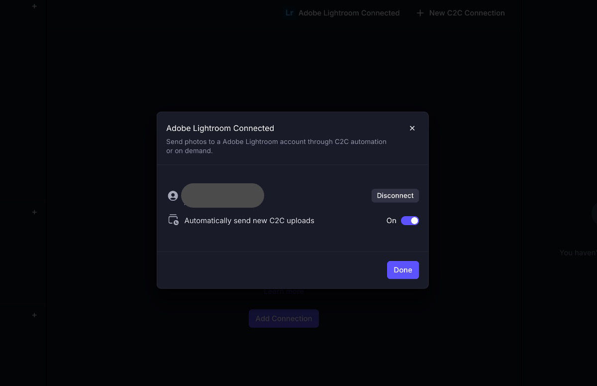 frame.io to lightroom connection screen