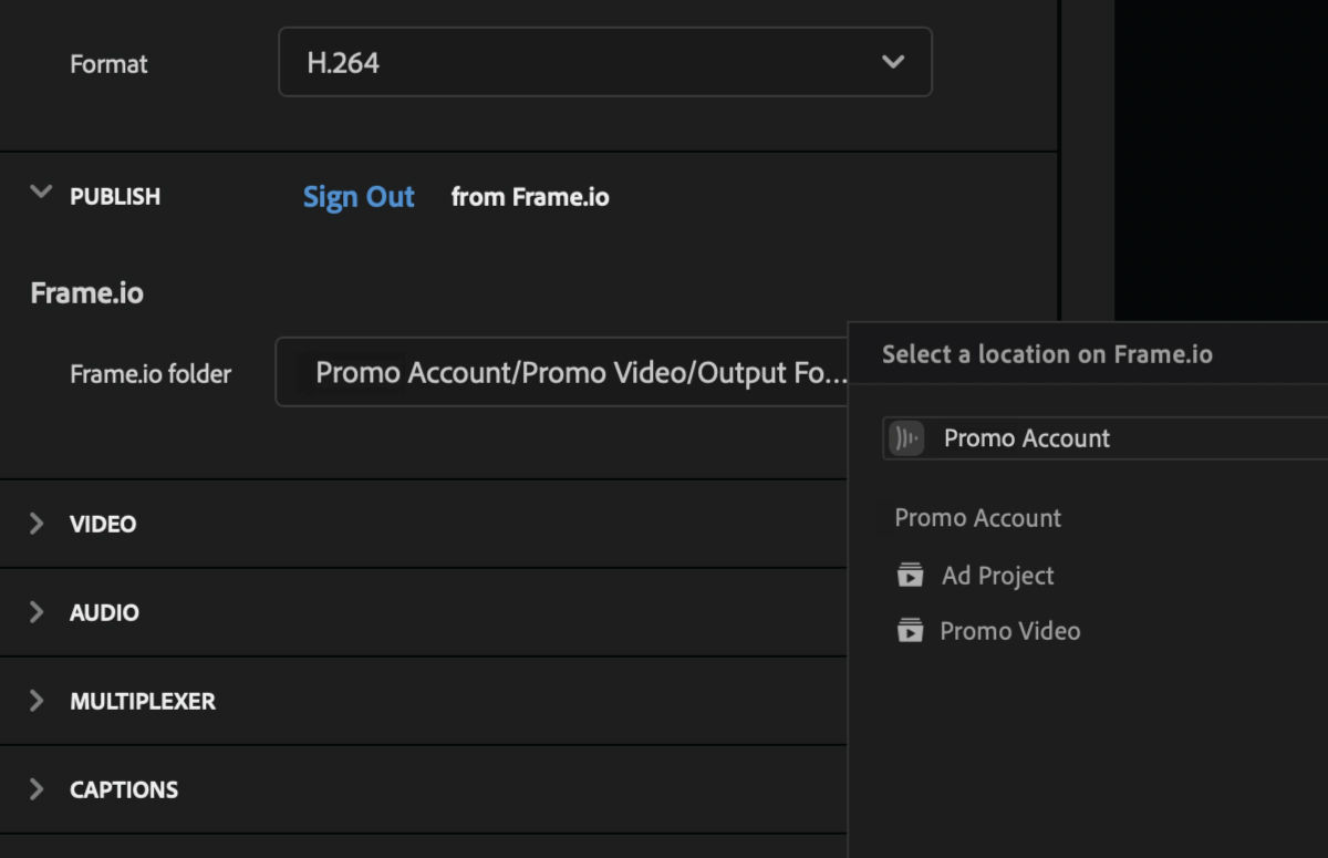 Select any folder present with the project as the output location on Frame.io.