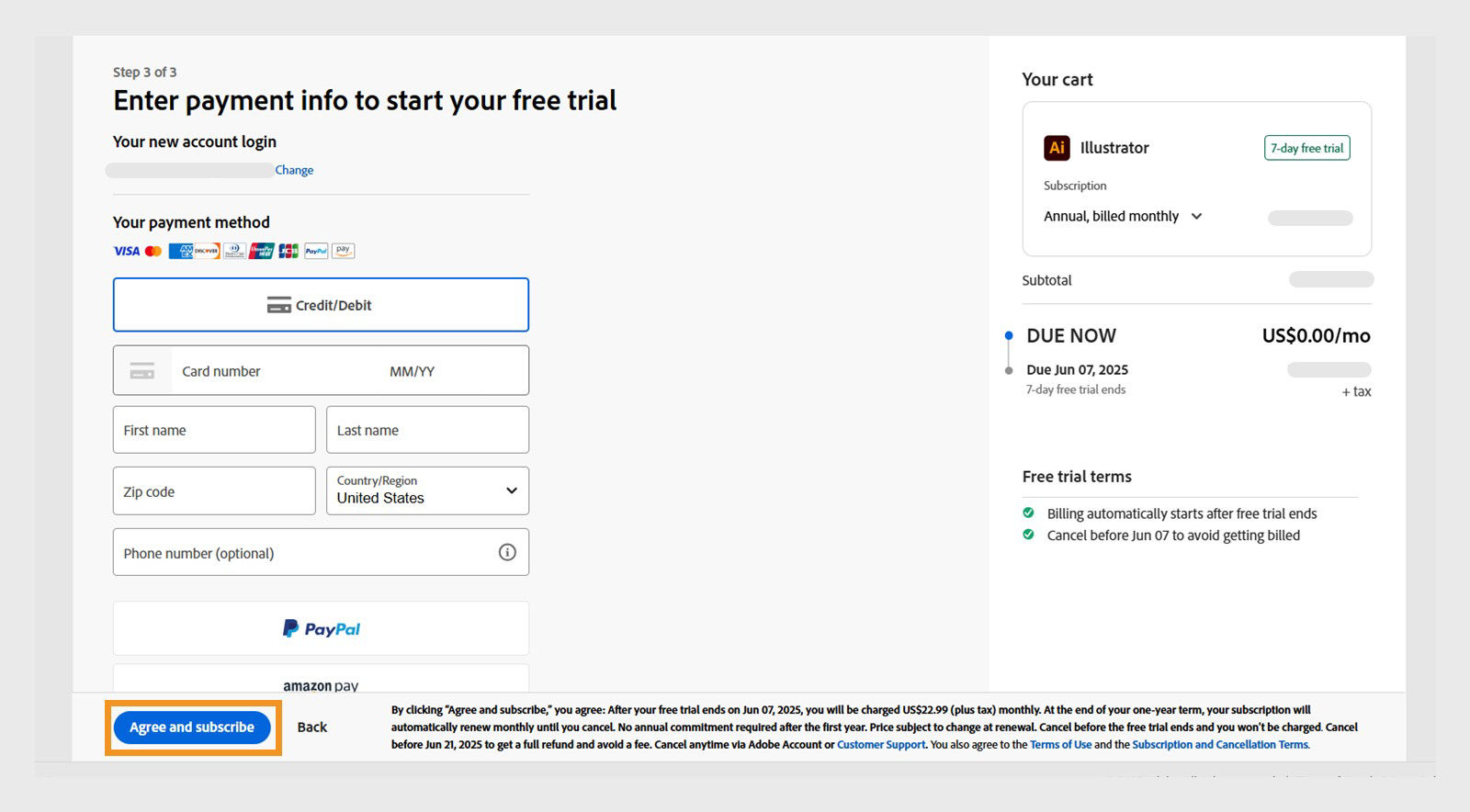 The payments info page displays the plan details, fields to to enter payment details, and options to agree and subscribe to the plan and go back to the previous page.