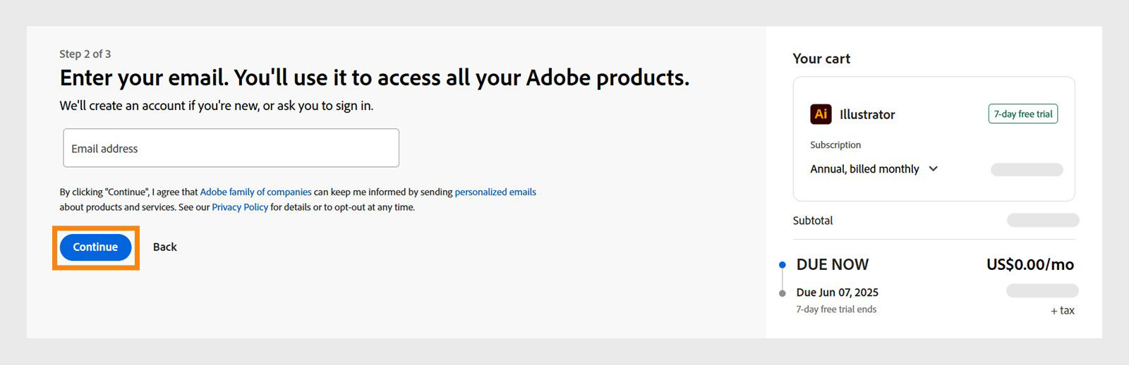 The payments page shows a text box to enter your email address and your plan details, and options to continue or return to the previous page. 