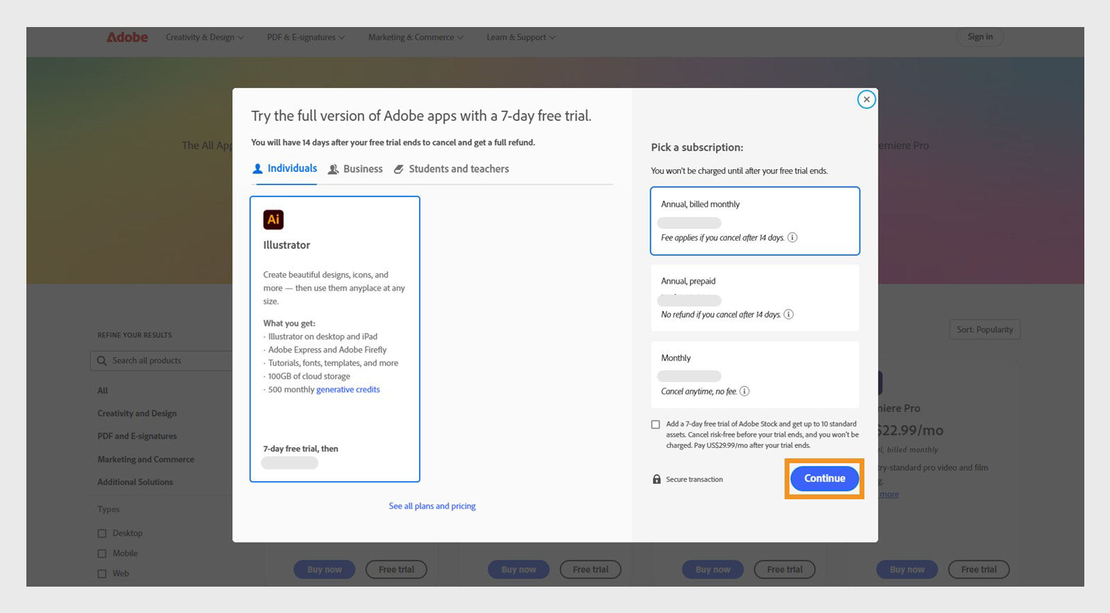 The Choose a plan window shows the available plans, and options to view all plans and pricing, select a subscription, and add a 7-day free trial for Adobe Stock.