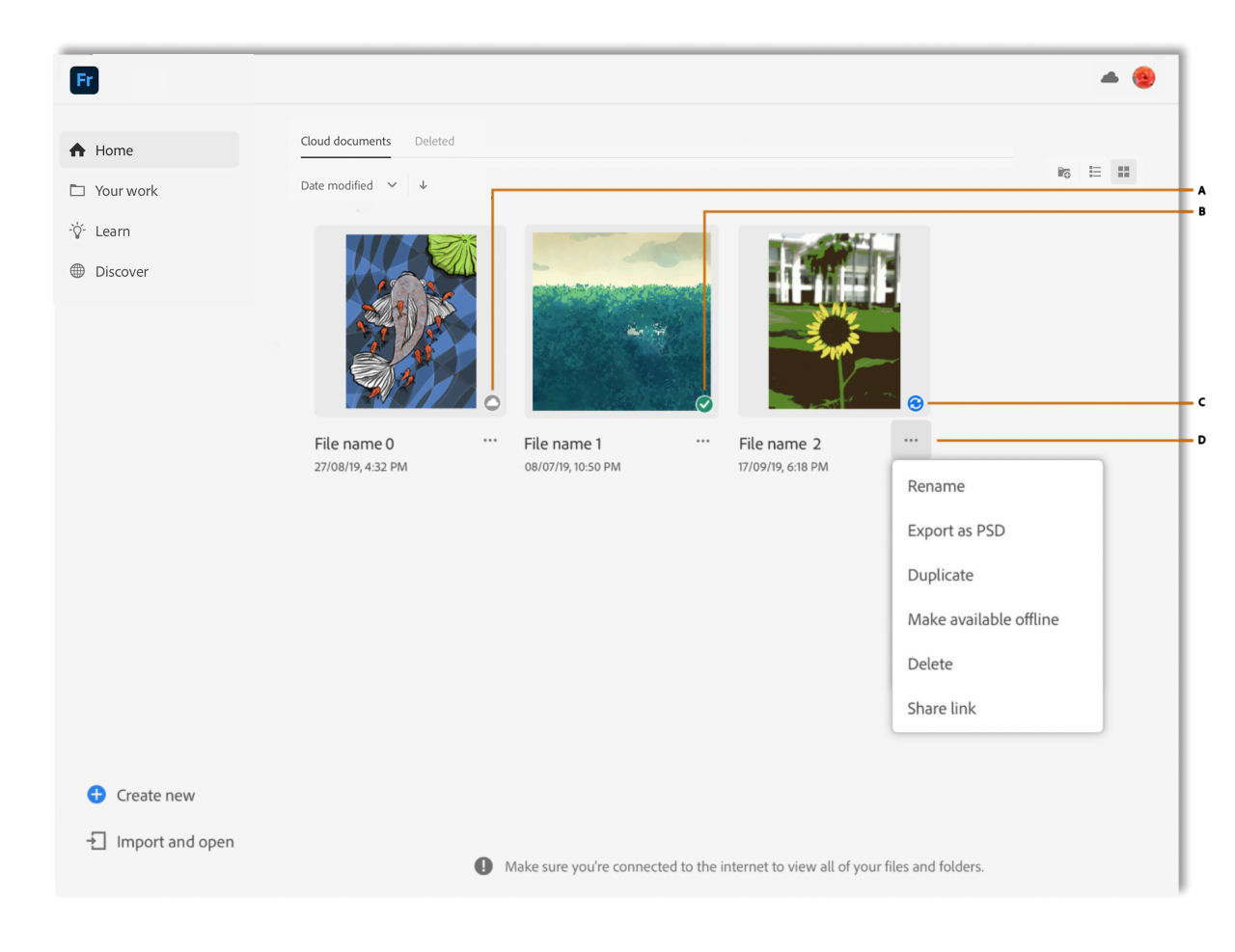 Adobe Fresco documents with different icons to show synced, syncing in progress, and offline. The screen also shows the pop-up menu with document managements options like Make available offline 