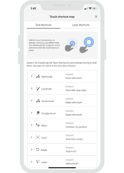 Fresco on iPhone touch shortcuts