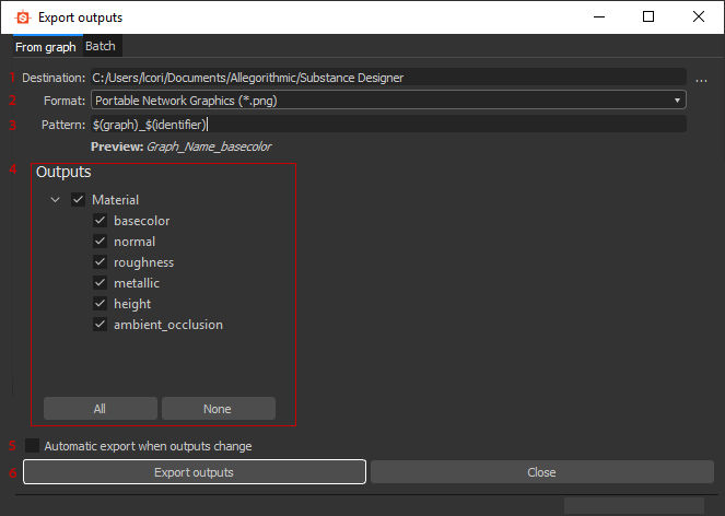 Export outputs dialog