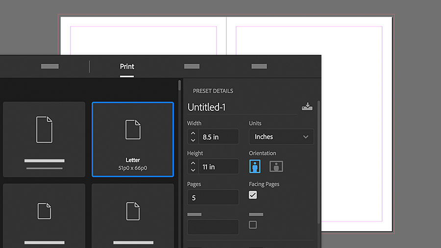 Using the New Document dialog box to set up a new document