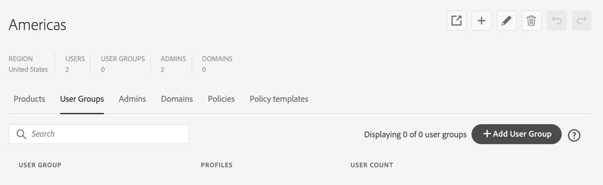 Organizations tab in the Global Admin Console with the user Groups tab selected.