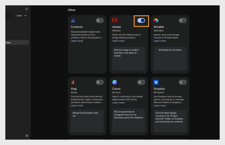 Adobe connector toggled on among the connected apps in Google Gemini settings.