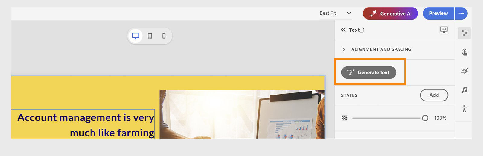 Use the generate text feature to create RTL text