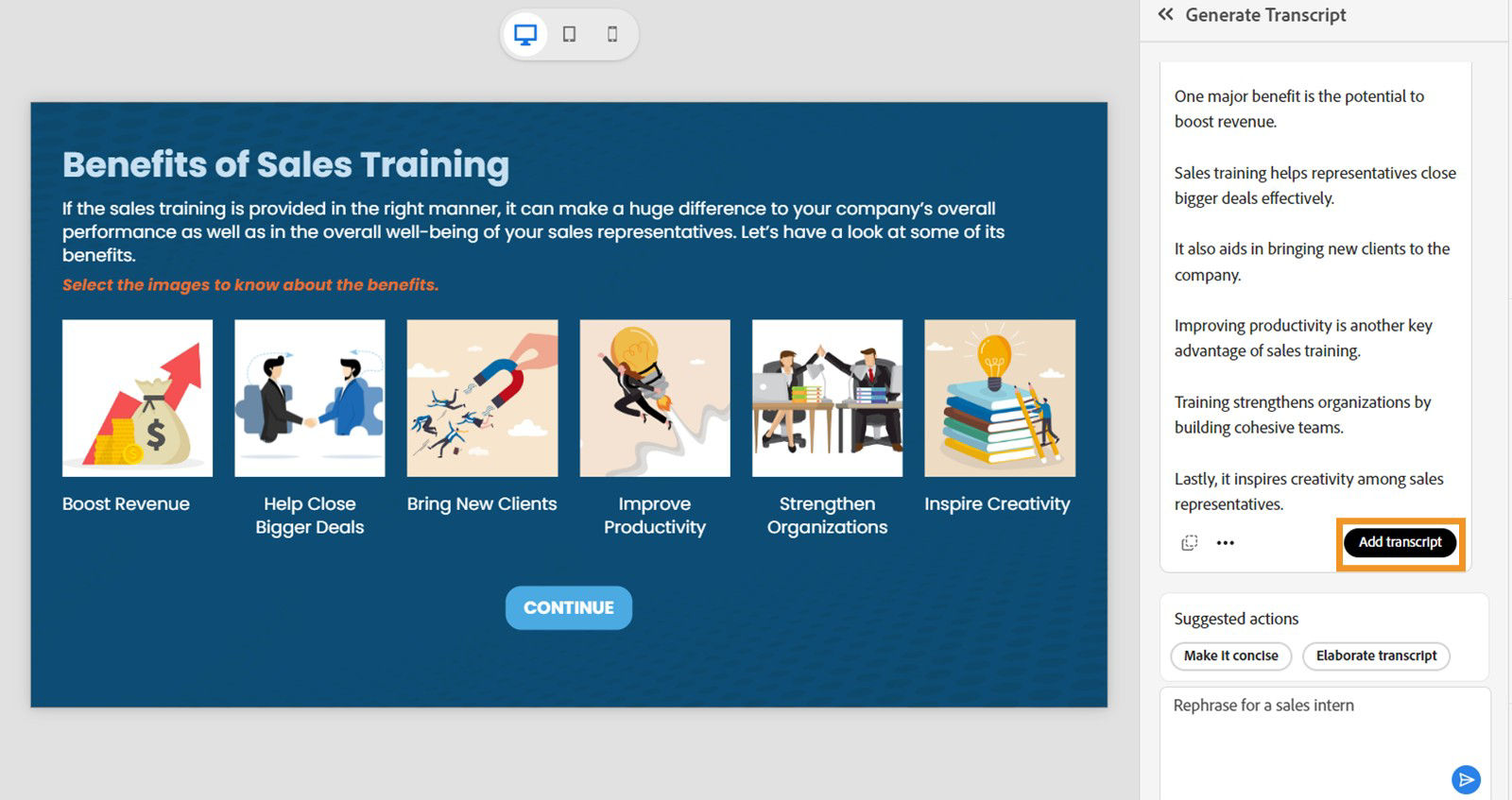 Review, refine and add generated transcript