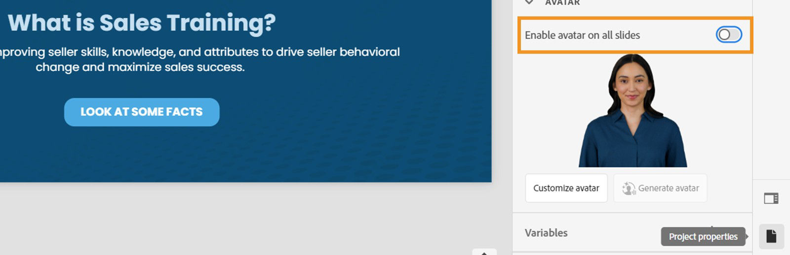 Captivate project properties showing how to disable or enable avatar for the whole project
