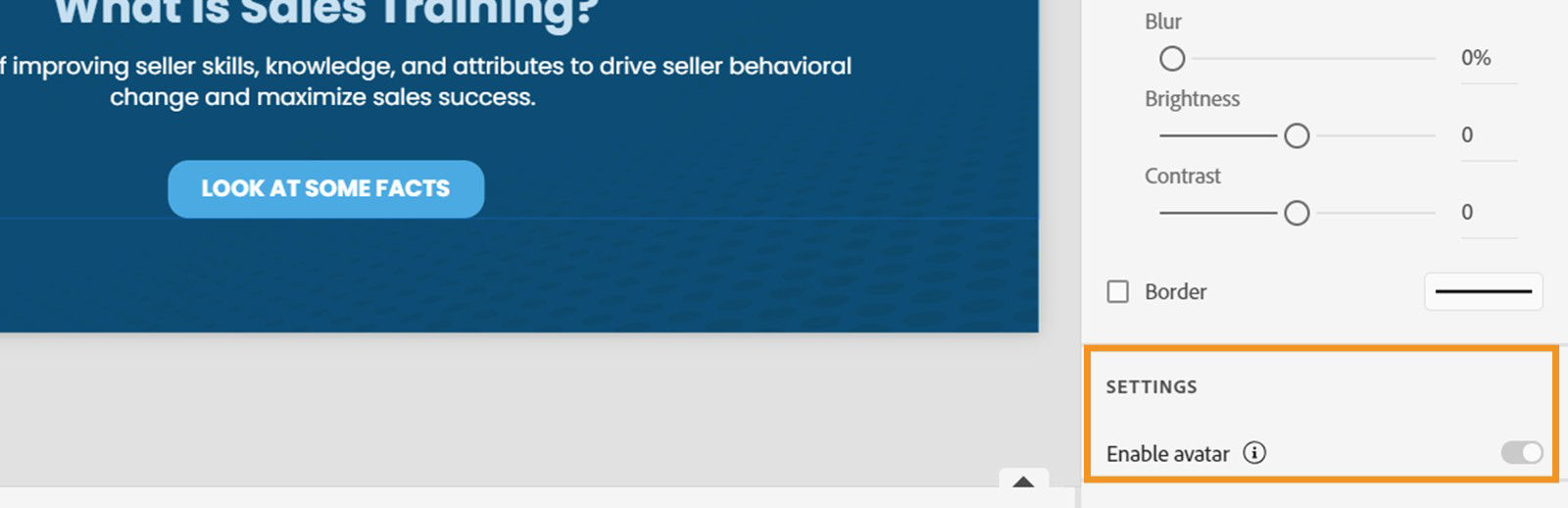 Captivate slide interface showing how to enable or disable the avatar on a slide
