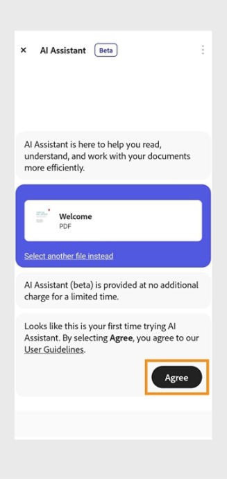 Acrobat mobile's AI Assistant window is open. The Agree button is highlighted. By selecting Agree you give consent to Adobe AI Assistant's user guidelines