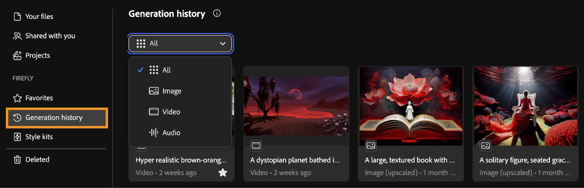 Firefly's Generation history tab includes a dropdown menu to filter generation types by image, video, audio, or all.