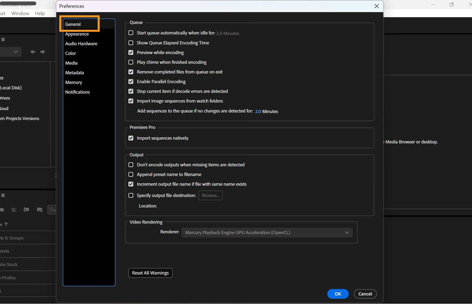 The Preferences window is open and the General tab is selected, displaying various options in under General tab. 