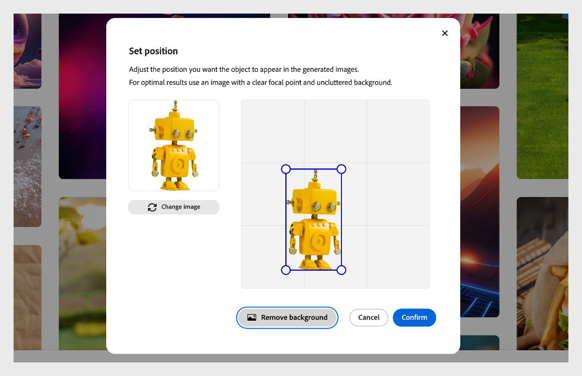 The Set position panel is open and it has an object uploaded. The object is a robot and it is currently selected for resizing and repositioning.