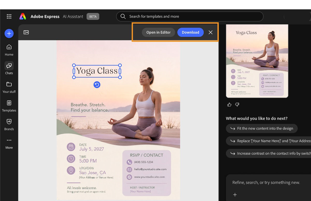 AI Assistant showing a generated yoga class flyer with the title selected and suggested next steps in the chat panel.