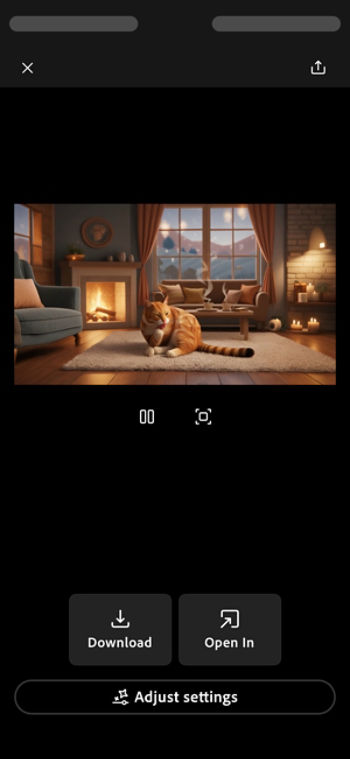 Firefly iOS Image to video screen shows a generated video with options to Download, Open in other apps, and to Adjust settings.