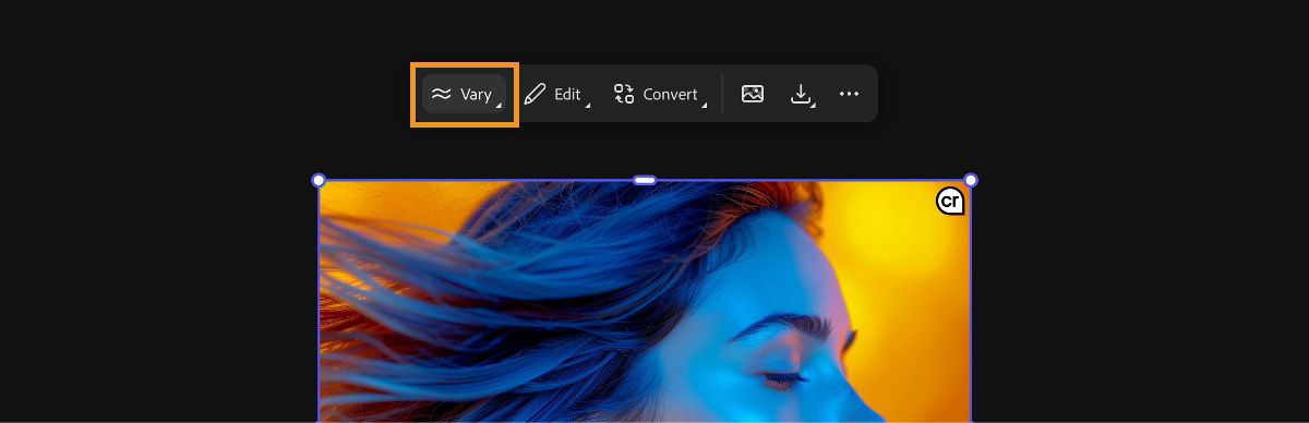 The image is selected and the Vary option is selected to generate multiple image variations